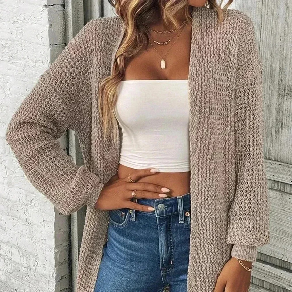 Khaki Casual Women's Drop Shoulder Design Cardigan - Picture 5 of 6